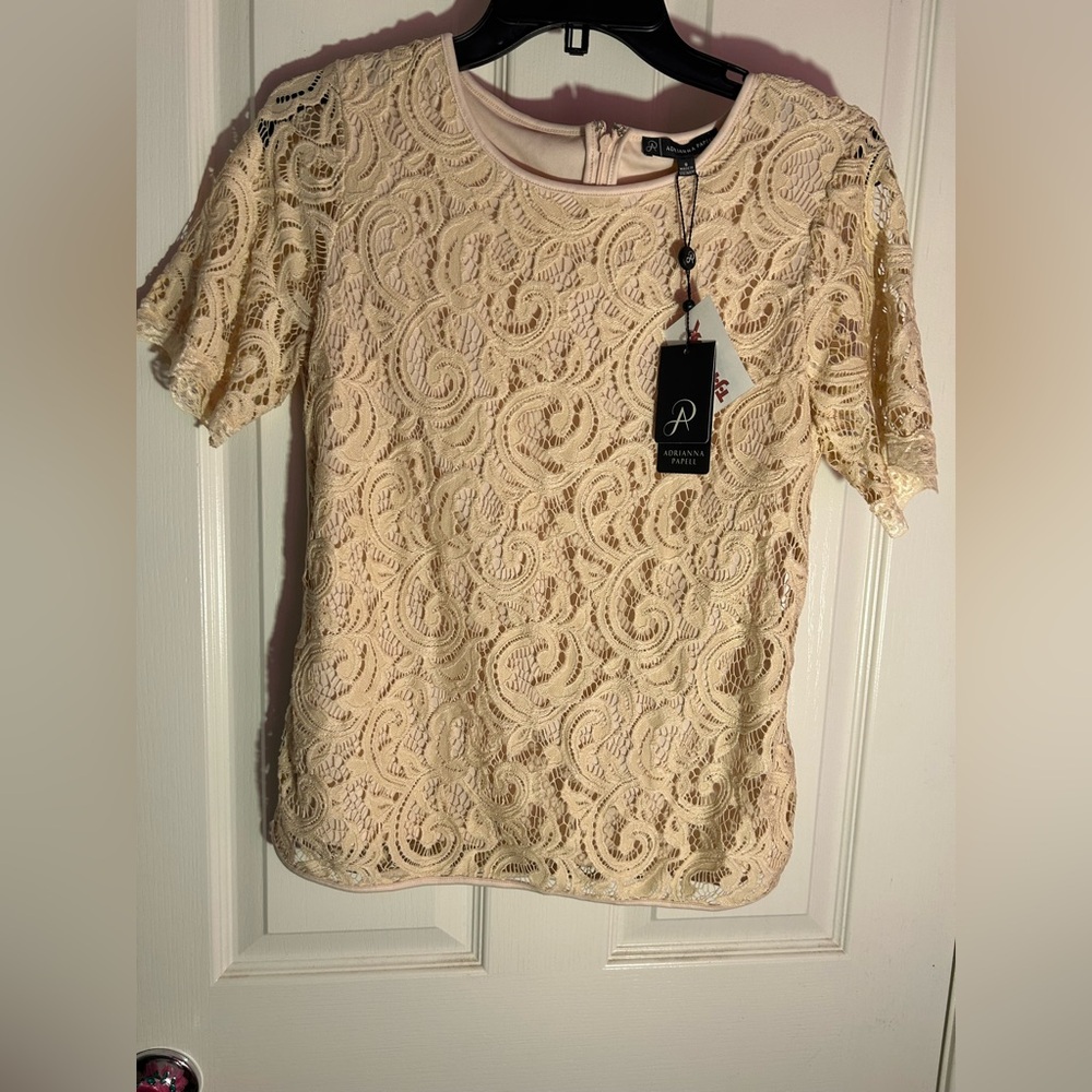 Adrianna Papell Cream Lace Fitted Blouse with Peter Pan Collar